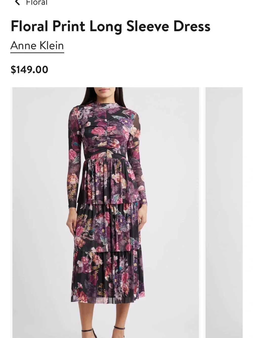 Anne Klein Black Floral Long Sleeve Tiered Midi Dress with Pink & Purple Blooms